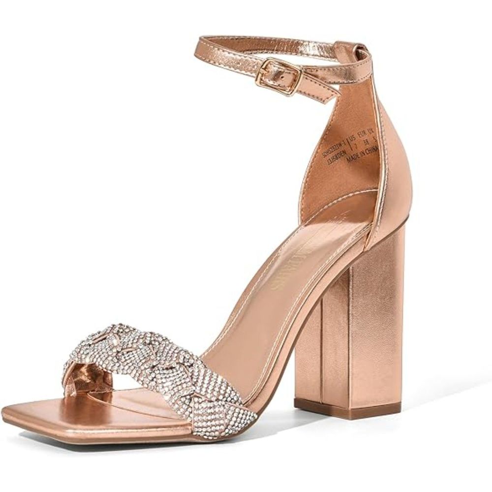 Women's  Heels for Women Braided Open Toe Ankle Strap Gold High Block Chunky